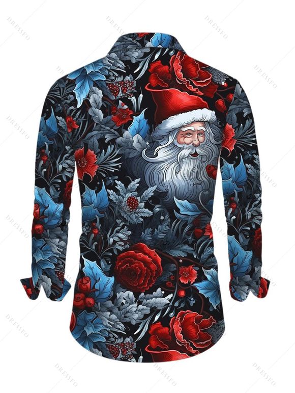 Vintage Christmas Couple Outfit Santa Claus Rose Floral Leaf Print Bell Sleeve A Line Mini Party Dress and Shirt Set - Noir S | US 4
