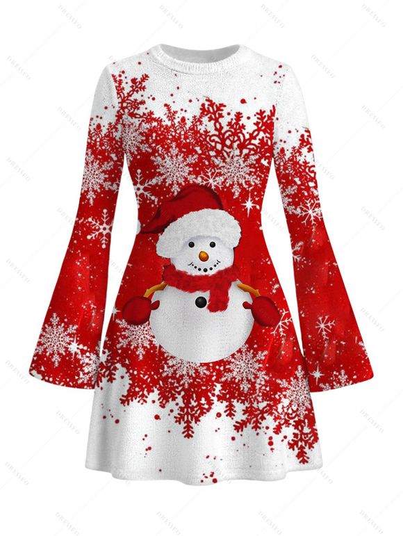 Christmas Couple Outfit Colorblock Snowman Snowflake Print Bell Sleeve A Line Mini Party Dress and Shirt Set - Rouge S | US 4