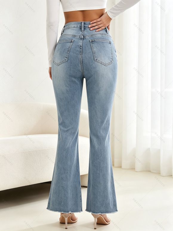 Ripped Flare Jeans Stretchy Raw Hem High Waist Denim Pants - Bleu clair XXL | US 14