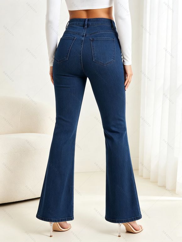 High Waist Flare Jeans Pocket Zipper Fly Denim Pants - Bleu profond XL | US 12
