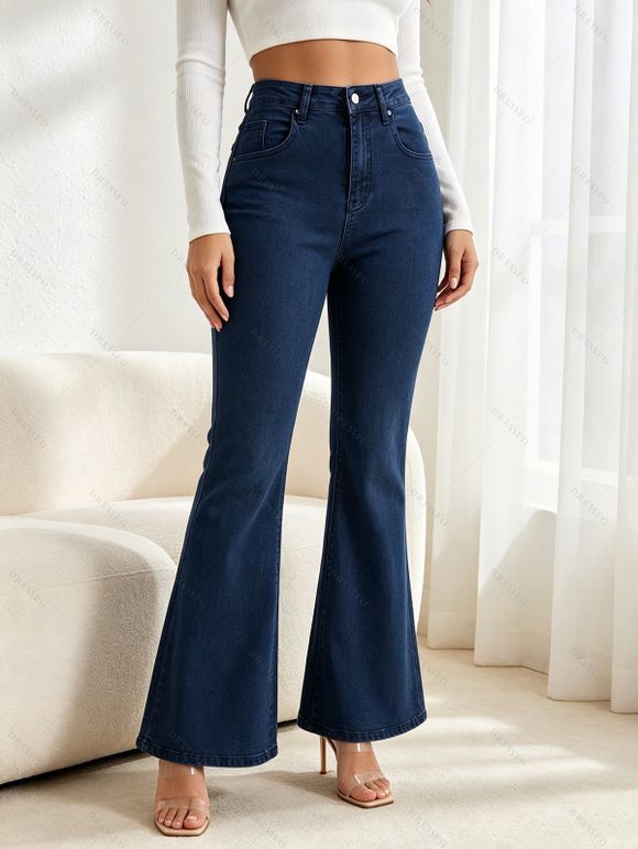 High Waist Flare Jeans Pocket Zipper Fly Denim Pants - Bleu profond XL | US 12