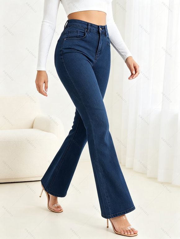 High Waist Flare Jeans Pocket Zipper Fly Denim Pants - Bleu profond XL | US 12