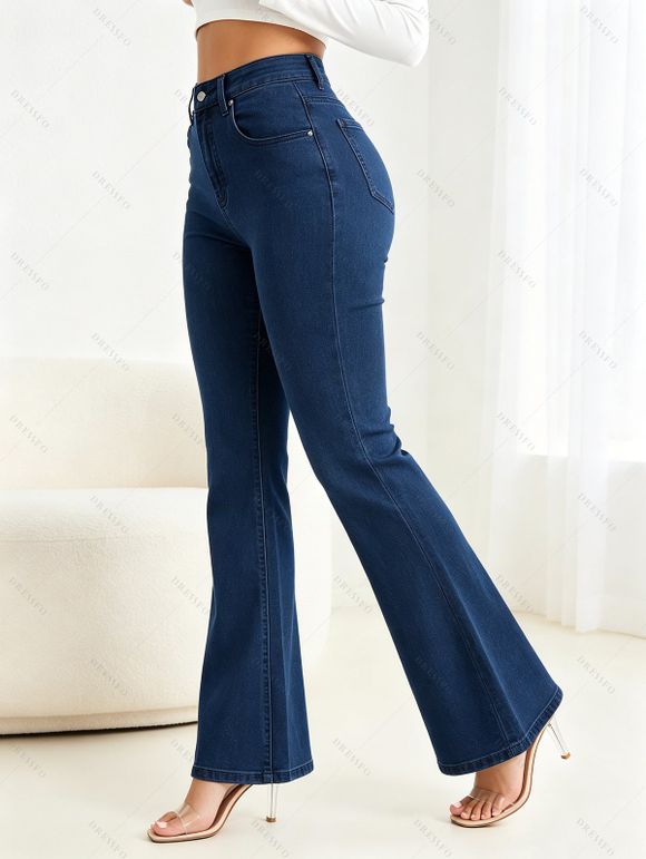 High Waist Flare Jeans Pocket Zipper Fly Denim Pants - Bleu profond XL | US 12