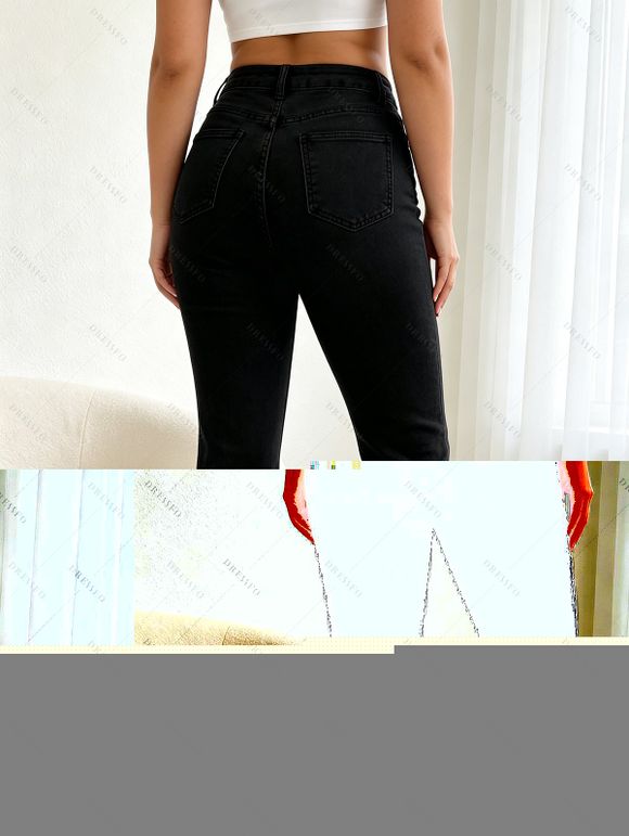 High Waist Flare Jeans Pocket Zipper Fly Denim Pants - Noir S | US 4