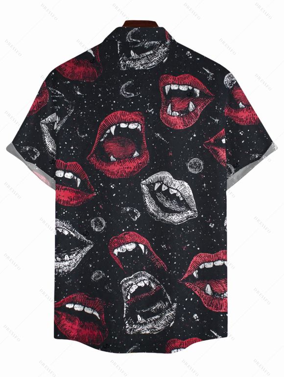 Men's Halloween Gothic Shirt Vampire Fangs Lips Print Button Up Shirt - Noir 5XL