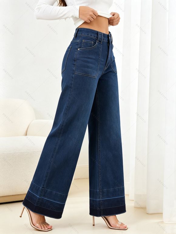 Vintage Wash Jeans High Waist Pocket Zipper Fly Wide‑Leg Denim Pants - Bleu profond XXL | US 14