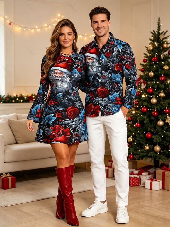 Vintage Christmas Couple Outfit Santa Claus Rose Floral Leaf Print Bell Sleeve A Line Mini Party Dress and Shirt Set - Noir S | US 4