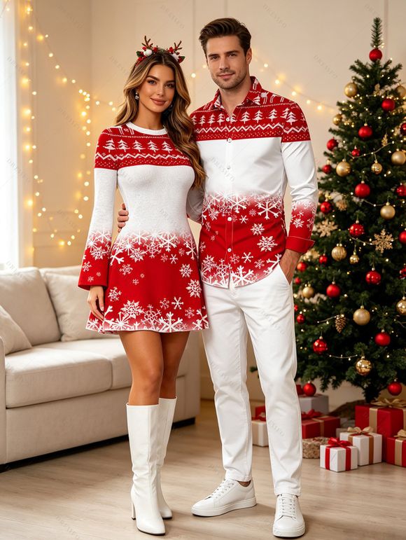 Christmas Couple Outfit Colorblock Christmas Tree Snowflake Print Bell Sleeve A Line Mini Party Dress and Shirt Set - Rouge S | US 4
