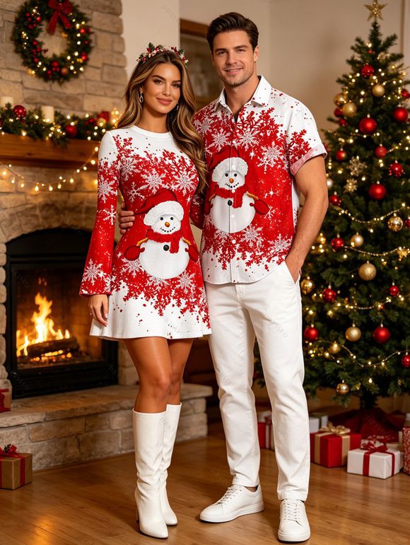 Christmas Couple Outfit Colorblock Snowman Snowflake Print Bell Sleeve A Line Mini Party Dress and Shirt Set - Rouge S | US 4