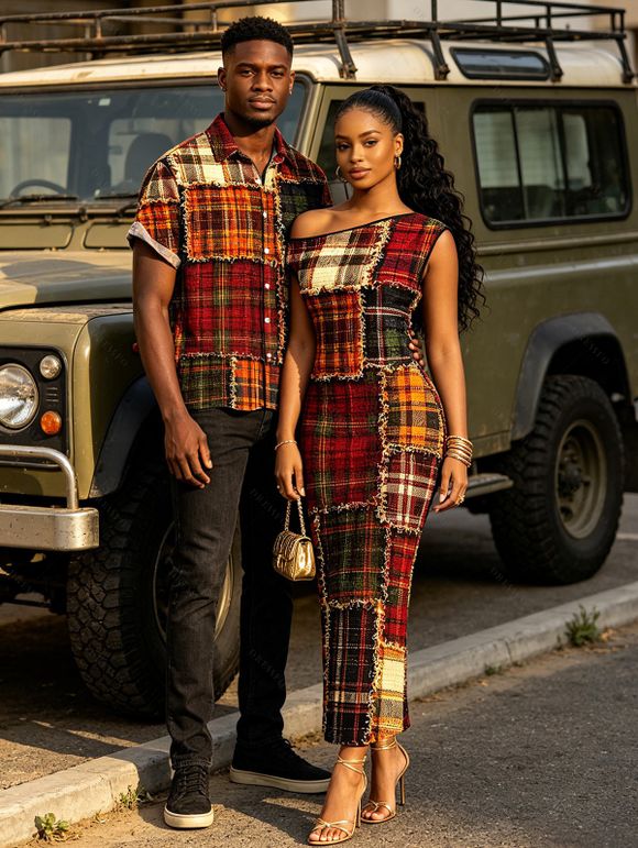 Christmas Couple Outfit Vintage Plaid Patchwork Raw‑Edge Patch Print Skew Neck Bodycon Dress and Shirt Set - Brun S | US 4