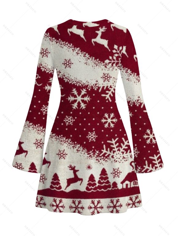 Christmas Dress Colorblock Snowflake Christmas Tree Elk Print Bell Sleeve A Line Mini Dress - Rouge Vineux M | US 6