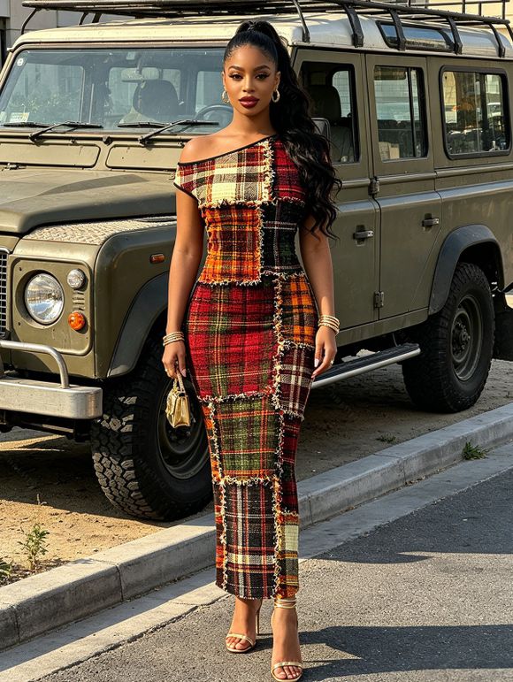 Christmas Dress Vintage Plaid Patchwork Raw‑Edge Patch Print Skew Neck Bodycon Dress - Brun XXL | US 14