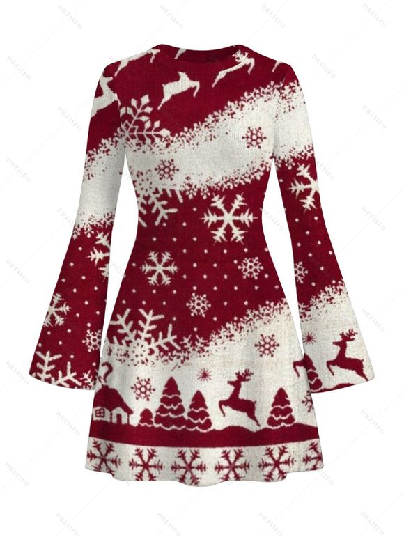 Christmas Couple Outfit Colorblock Snowflake Christmas Tree Elk Print Bell Sleeve A Line Mini Dress and Shirt Set - Rouge Vineux S | US 4