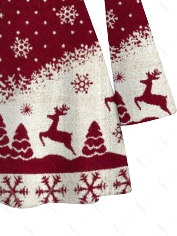 Christmas Couple Outfit Colorblock Snowflake Christmas Tree Elk Print Bell Sleeve A Line Mini Dress and Shirt Set - Rouge Vineux S | US 4
