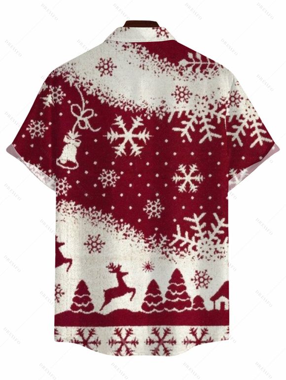Christmas Couple Outfit Colorblock Snowflake Christmas Tree Elk Print Bell Sleeve A Line Mini Dress and Shirt Set - Rouge Vineux S | US 4