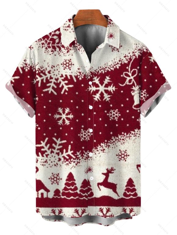 Christmas Couple Outfit Colorblock Snowflake Christmas Tree Elk Print Bell Sleeve A Line Mini Dress and Shirt Set - Rouge Vineux S | US 4