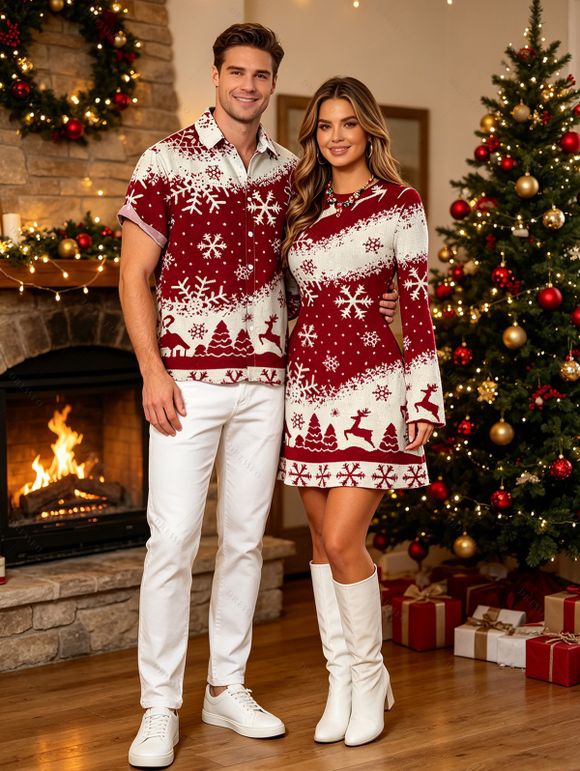 Christmas Couple Outfit Colorblock Snowflake Christmas Tree Elk Print Bell Sleeve A Line Mini Dress and Shirt Set - Rouge Vineux S | US 4
