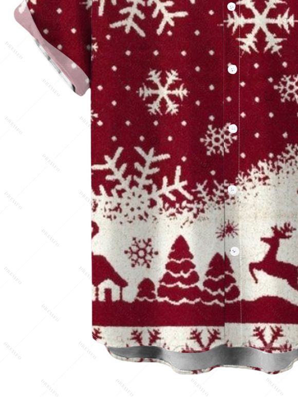 Christmas Couple Outfit Colorblock Snowflake Christmas Tree Elk Print Bell Sleeve A Line Mini Dress and Shirt Set - Rouge Vineux S | US 4