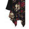 Gothic Halloween Dress Rose Floral Bat Skulls Print Ruffle Off the Shoulder Bell Sleeve Handkerchief Dress - Noir XL | US 12