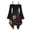 Gothic Halloween Dress Rose Floral Bat Skulls Print Ruffle Off the Shoulder Bell Sleeve Handkerchief Dress - Noir XL | US 12