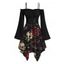 Gothic Halloween Dress Rose Floral Bat Skulls Print Ruffle Off the Shoulder Bell Sleeve Handkerchief Dress - Noir L | US 8-10