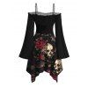 Gothic Halloween Dress Rose Floral Bat Skulls Print Ruffle Off the Shoulder Bell Sleeve Handkerchief Dress - Noir XL | US 12