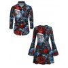Vintage Christmas Couple Outfit Santa Claus Rose Floral Leaf Print Bell Sleeve A Line Mini Party Dress and Shirt Set - Noir S | US 4