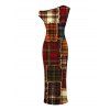 Christmas Couple Outfit Vintage Plaid Patchwork Raw‑Edge Patch Print Skew Neck Bodycon Dress and Shirt Set - Brun S | US 4
