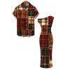 Christmas Couple Outfit Vintage Plaid Patchwork Raw‑Edge Patch Print Skew Neck Bodycon Dress and Shirt Set - Brun S | US 4