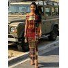 Christmas Couple Outfit Vintage Plaid Patchwork Raw‑Edge Patch Print Skew Neck Bodycon Dress and Shirt Set - Brun S | US 4