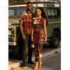 Christmas Couple Outfit Vintage Plaid Patchwork Raw‑Edge Patch Print Skew Neck Bodycon Dress and Shirt Set - Brun S | US 4
