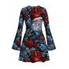 Vintage Christmas Party Dress Santa Claus Rose Floral Leaf Print Bell Sleeve A Line Mini Dress - Noir XL | US 12