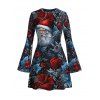 Vintage Christmas Party Dress Santa Claus Rose Floral Leaf Print Bell Sleeve A Line Mini Dress - Noir XL | US 12