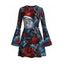 Vintage Christmas Party Dress Santa Claus Rose Floral Leaf Print Bell Sleeve A Line Mini Dress - Noir XL | US 12