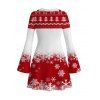 Christmas Party Dress Colorblock Christmas Tree Snowflake Print Bell Sleeve A Line Mini Dress - Rouge S | US 4