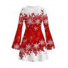 Christmas Party Dress Colorblock Snowman Snowflake Print Bell Sleeve A Line Mini Dress - Rouge S | US 4
