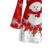 Christmas Party Dress Colorblock Snowman Snowflake Print Bell Sleeve A Line Mini Dress - Rouge S | US 4