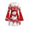 Christmas Party Dress Colorblock Snowman Snowflake Print Bell Sleeve A Line Mini Dress - Rouge M | US 6