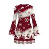 Christmas Dress Colorblock Snowflake Christmas Tree Elk Print Bell Sleeve A Line Mini Dress - Rouge Vineux M | US 6