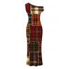 Christmas Dress Vintage Plaid Patchwork Raw‑Edge Patch Print Skew Neck Bodycon Dress - Brun XXL | US 14