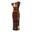 Christmas Dress Vintage Plaid Patchwork Raw‑Edge Patch Print Skew Neck Bodycon Dress - Brun XXL | US 14