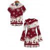 Christmas Couple Outfit Colorblock Snowflake Christmas Tree Elk Print Bell Sleeve A Line Mini Dress and Shirt Set - Rouge Vineux S | US 4