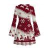 Christmas Couple Outfit Colorblock Snowflake Christmas Tree Elk Print Bell Sleeve A Line Mini Dress and Shirt Set - Rouge Vineux S | US 4