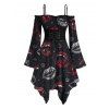 Halloween Gothic Dress Vampire Fangs Lips Print Ruffle Off the Shoulder Bell Sleeve Lace Up Handkerchief Dress - Noir XXL | US 14