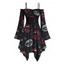 Halloween Gothic Dress Vampire Fangs Lips Print Ruffle Off the Shoulder Bell Sleeve Lace Up Handkerchief Dress - Noir XXL | US 14