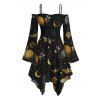 Halloween Gothic Dress Mystical Moon Star Moth Pumpkin Print Ruffle Off the Shoulder Lace Up Bell Sleeve Handkerchief Dress - Noir XXL | US 14