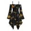 Halloween Gothic Dress Mystical Moon Star Moth Pumpkin Print Ruffle Off the Shoulder Lace Up Bell Sleeve Handkerchief Dress - Noir XXL | US 14