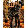 Halloween Gothic Couple Outfit Mystical Moon Star Moth Pumpkin Print Ruffle Off the Shoulder Lace Up Bell Sleeve Handkerchief Dress and Shirt Set - Noir S | US 4