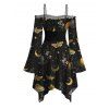 Halloween Gothic Couple Outfit Mystical Moon Star Moth Pumpkin Print Ruffle Off the Shoulder Lace Up Bell Sleeve Handkerchief Dress and Shirt Set - Noir S | US 4