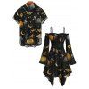 Halloween Gothic Couple Outfit Mystical Moon Star Moth Pumpkin Print Ruffle Off the Shoulder Lace Up Bell Sleeve Handkerchief Dress and Shirt Set - Noir S | US 4